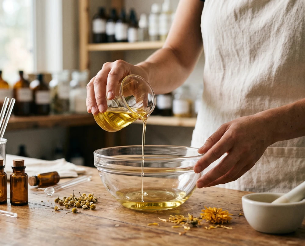 Person pouring oil into bowl